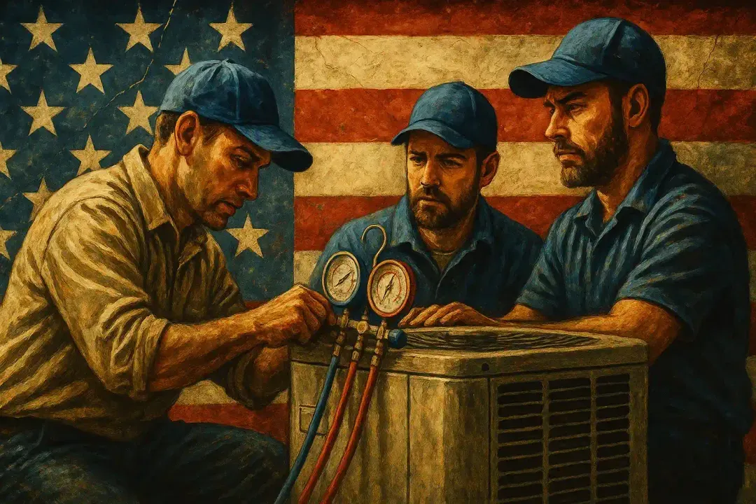 Oil painting of the Monster Air crew servicing a condenser in front of the American flag
