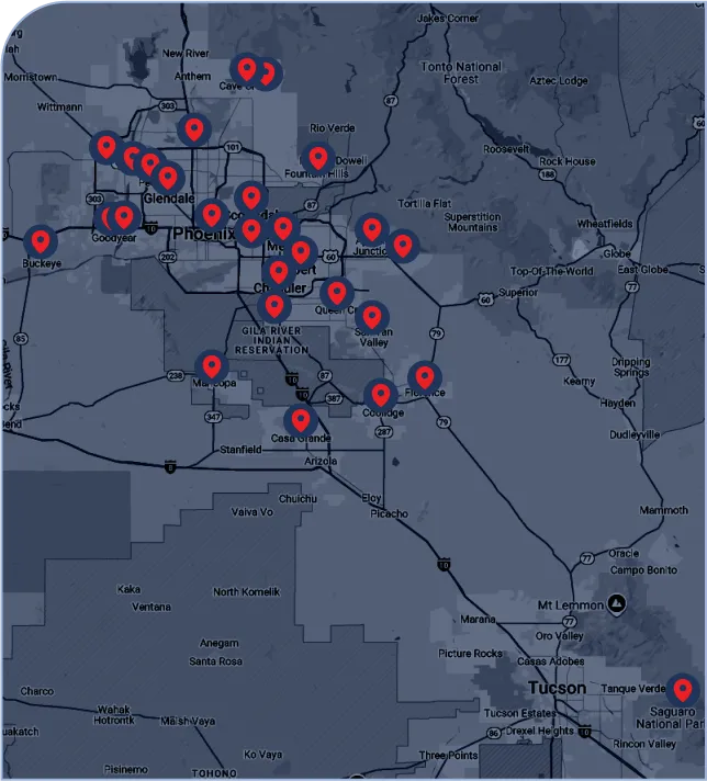 Map of the Phoenix metro with pins on every Monster Air service area